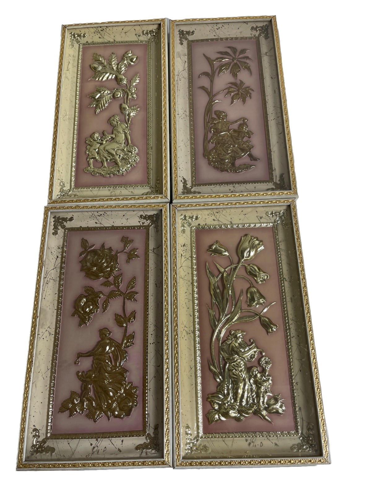 Antique 1950s Four Seasons Metalcraft Pictures 15x8” Cupid Woman Gold Pink READ