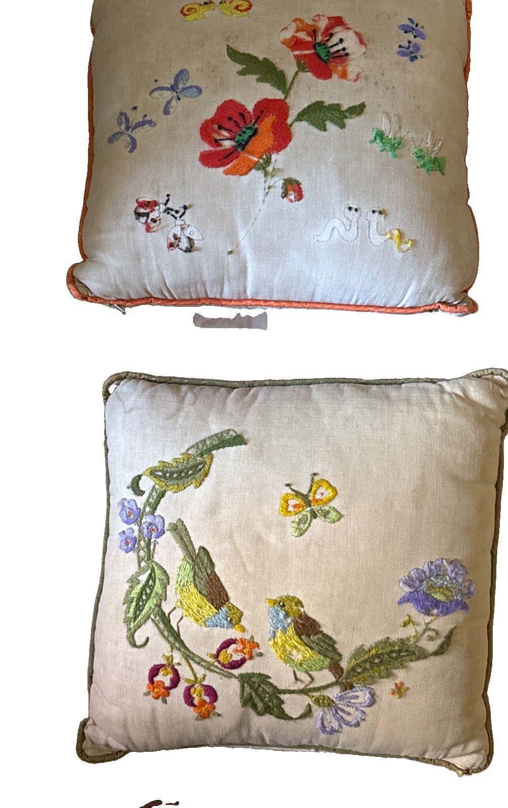 Embroidered Blue Birds In Tree VTG Old Throw Pillow 12 X 12” X 2.