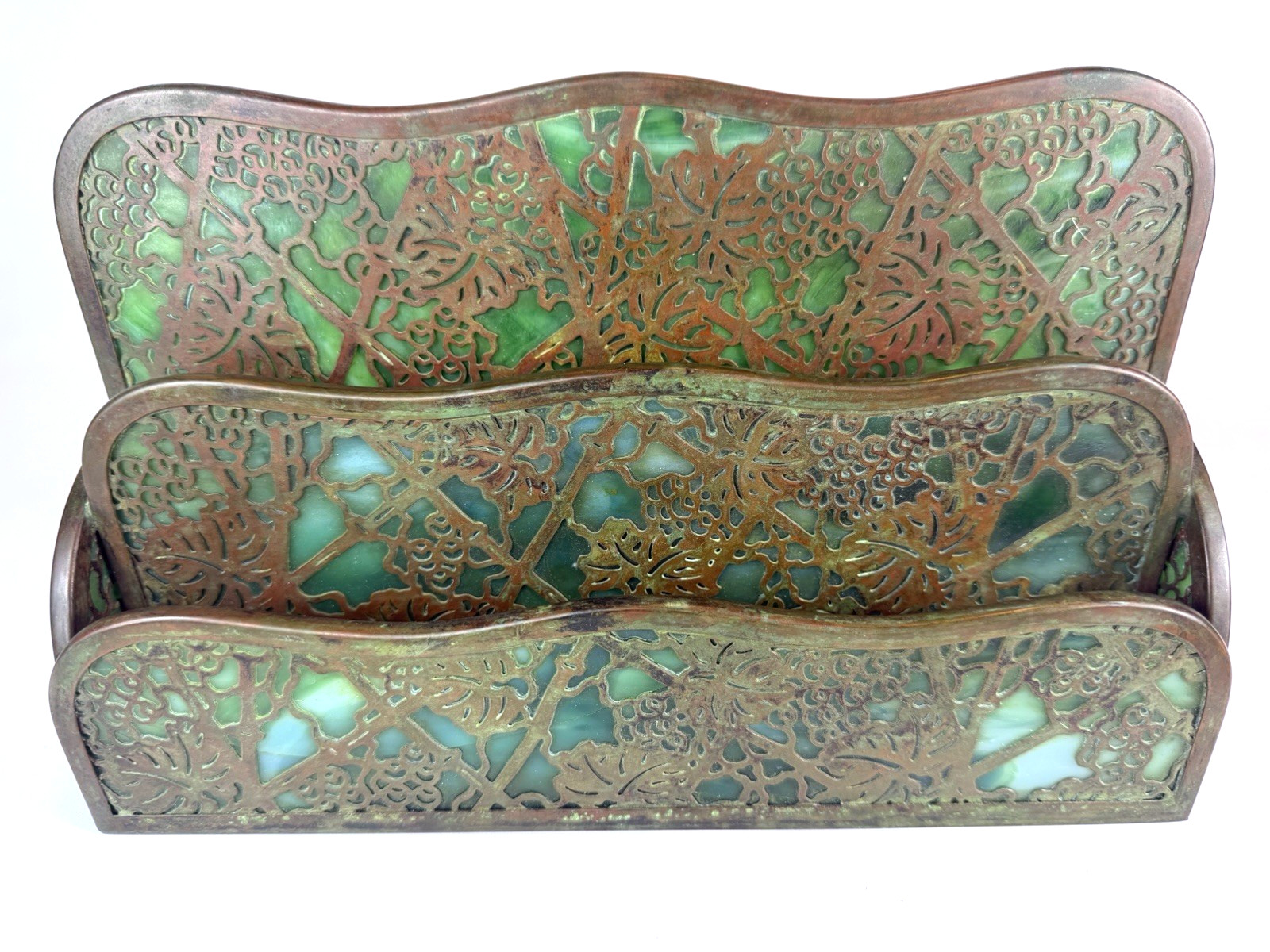 Tiffany Studios 1008 Grapevine Bronze Art Glass Letter Paper Rack c1910