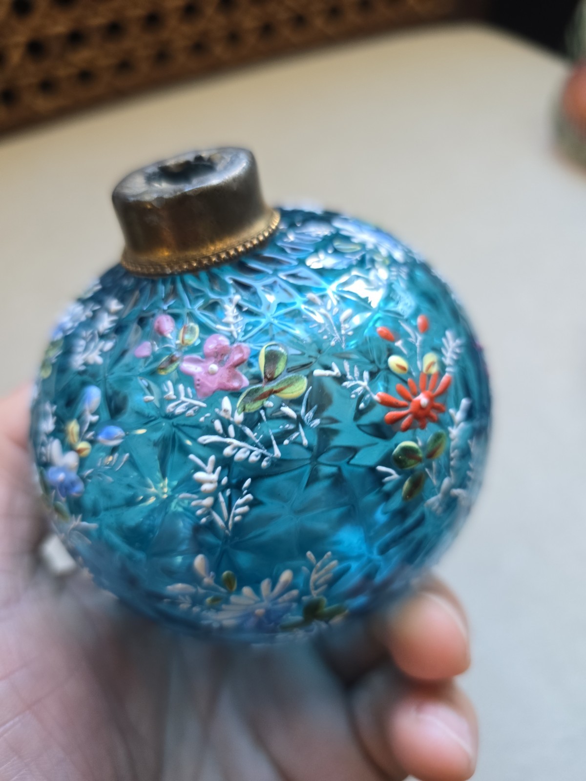 antique hand blown textured glass atomizer hand painted flowers 3.5\