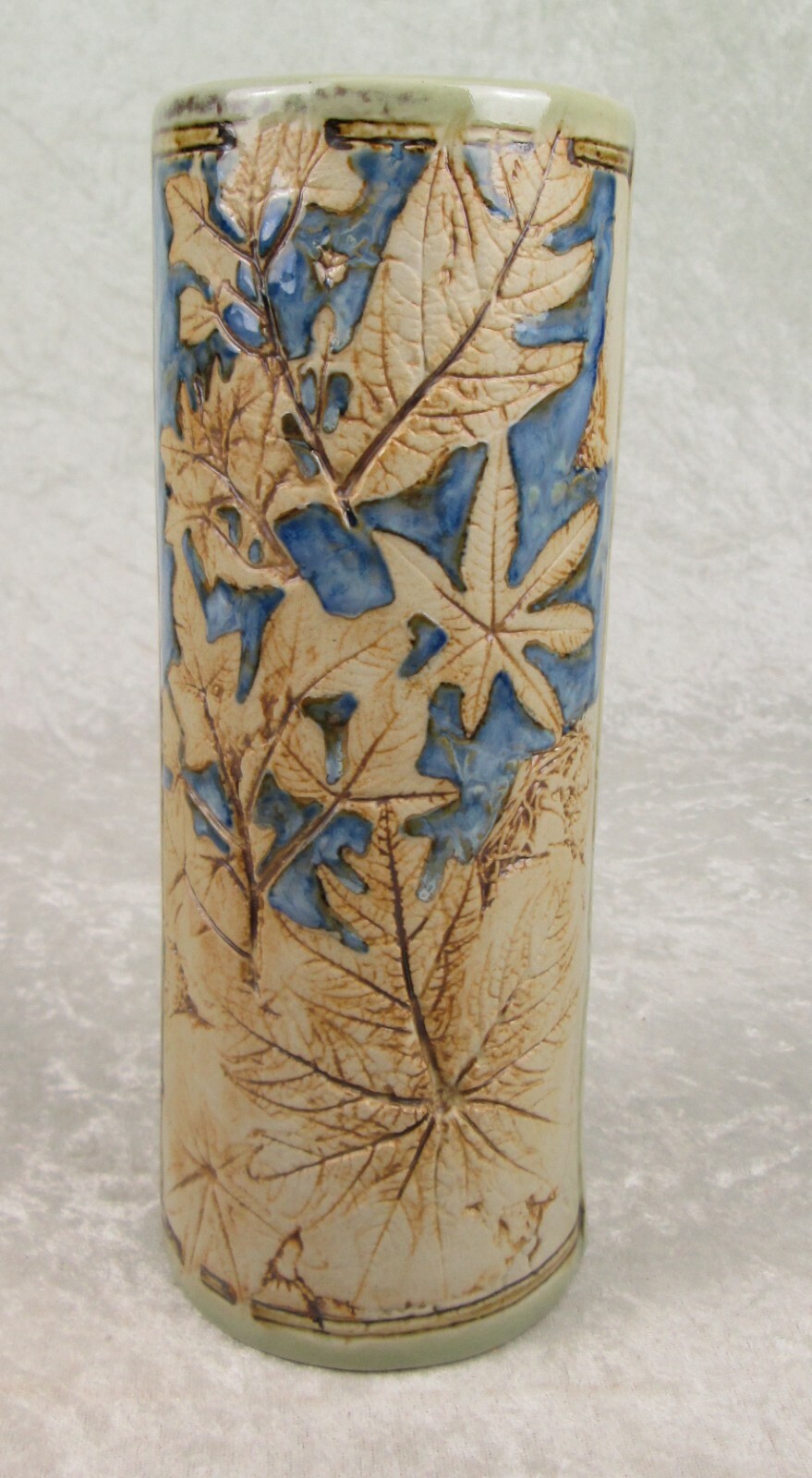 Malaysia Handicraft Tenmoku Pottery Vase Blue Tan Leaves Cylinder 9-1/4 inch Tal