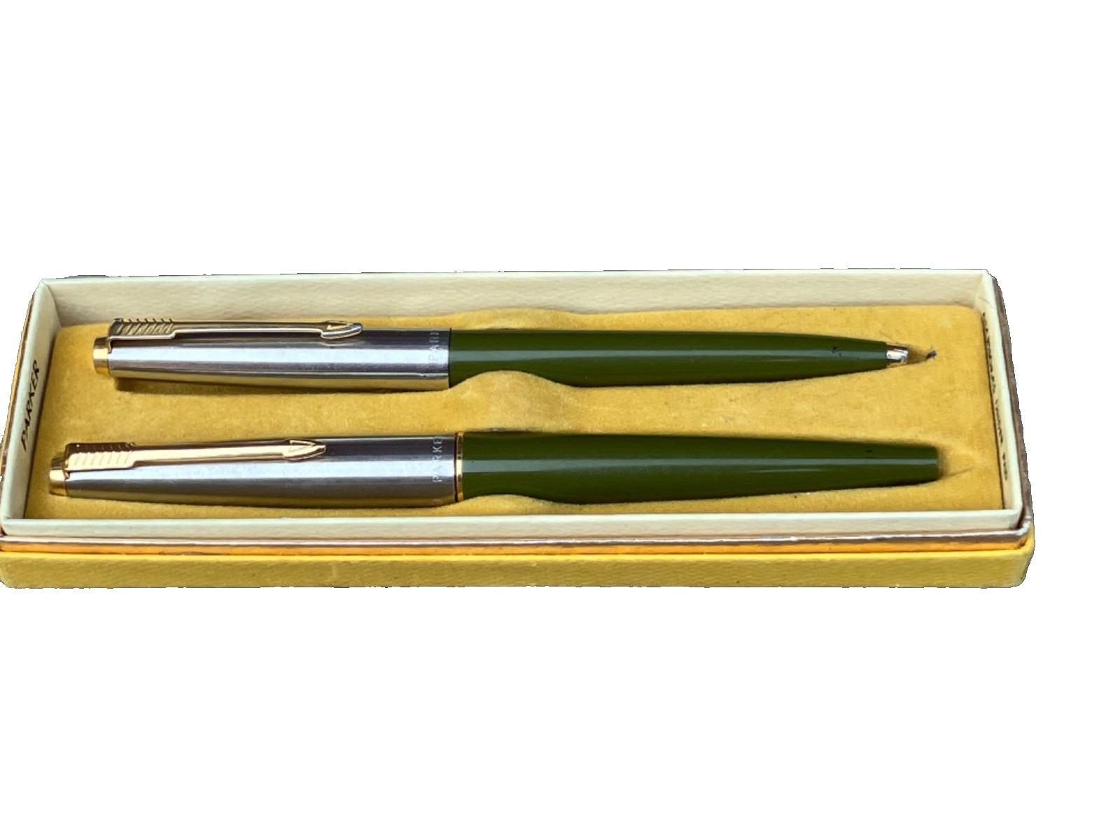 VTG OLIVE GREEN PARKER 45 FOUNTAIN PEN & BALLPOINT SET w BOX GOLD ARROW CLIP 