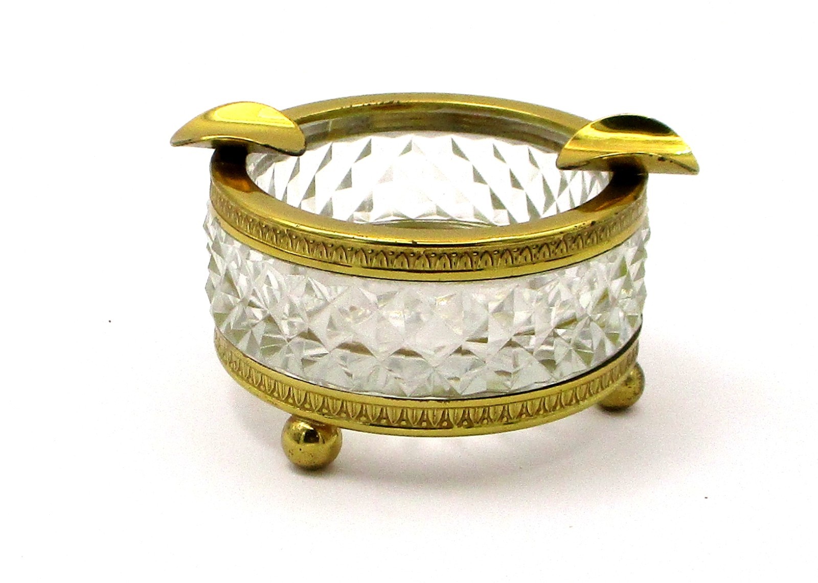 Vintage European Clear-Cut Crystal & Brass Ashtray - Starburst Base - Footed