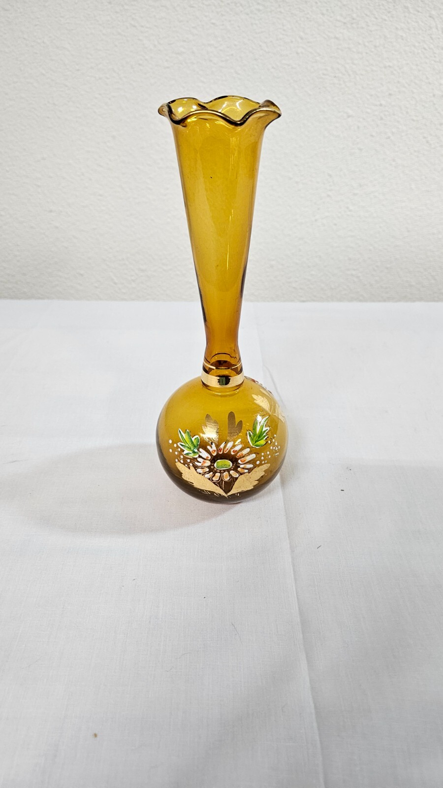 Vintage amber floral hand painted ruffel top 8 in vase