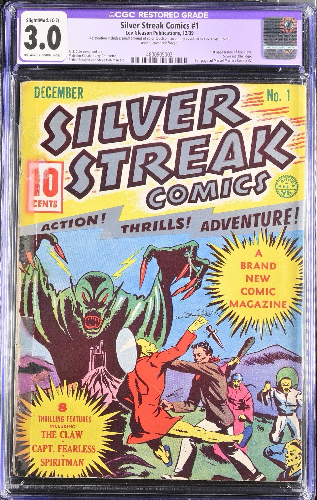 Silver Streak Comics #1 CGC 3.0 (C-2) Lev Gleason 1939 1st App CLAW - OW-WHITE