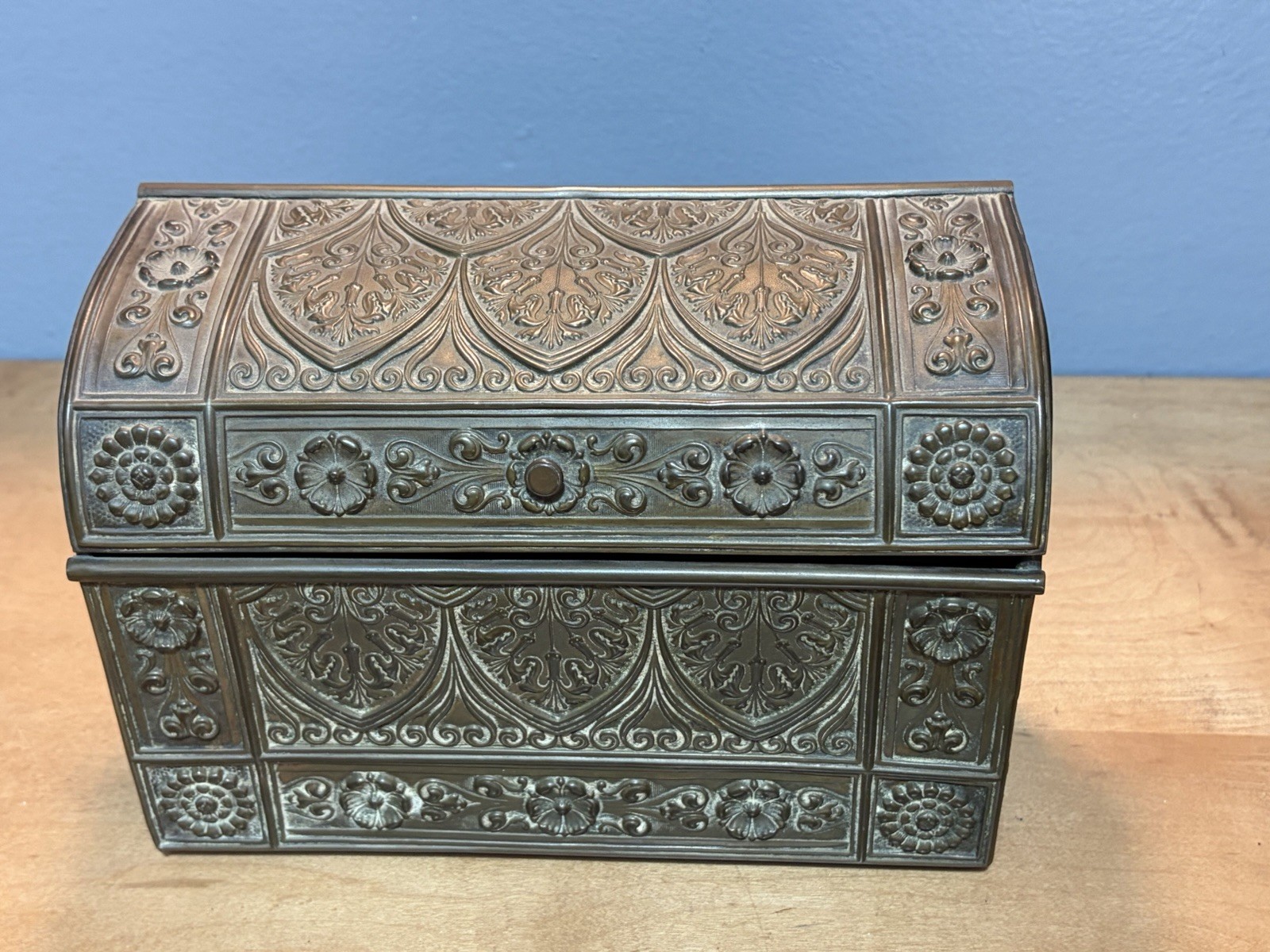 Antique Victorian Brass Letter Caddy Stationery Box Ornate Wood Interior