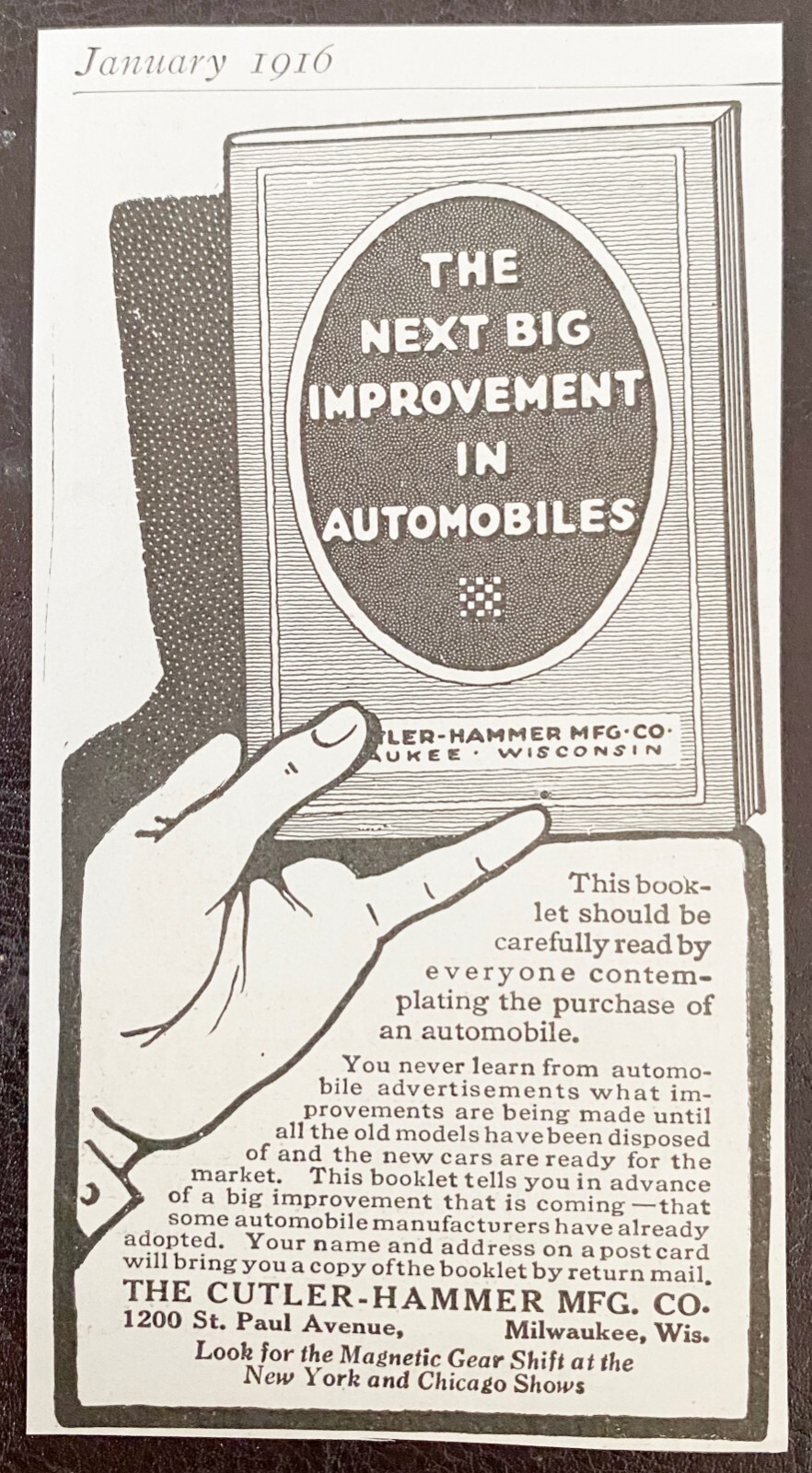 Cutler-Hammer Co NEXT BIG IMPROVEMENT IN AUTOMOBILES Booklet Offer 1916 Print Ad