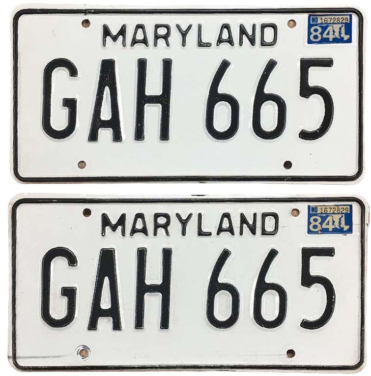Vintage Maryland 1984 License Plate Pair Set GAH 665 Super Nice for YOM