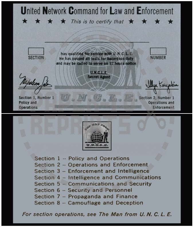 MAN FROM UNCLE MEMBERSHIP CARD WITH LOGO ON BACK - REPRODUCTION