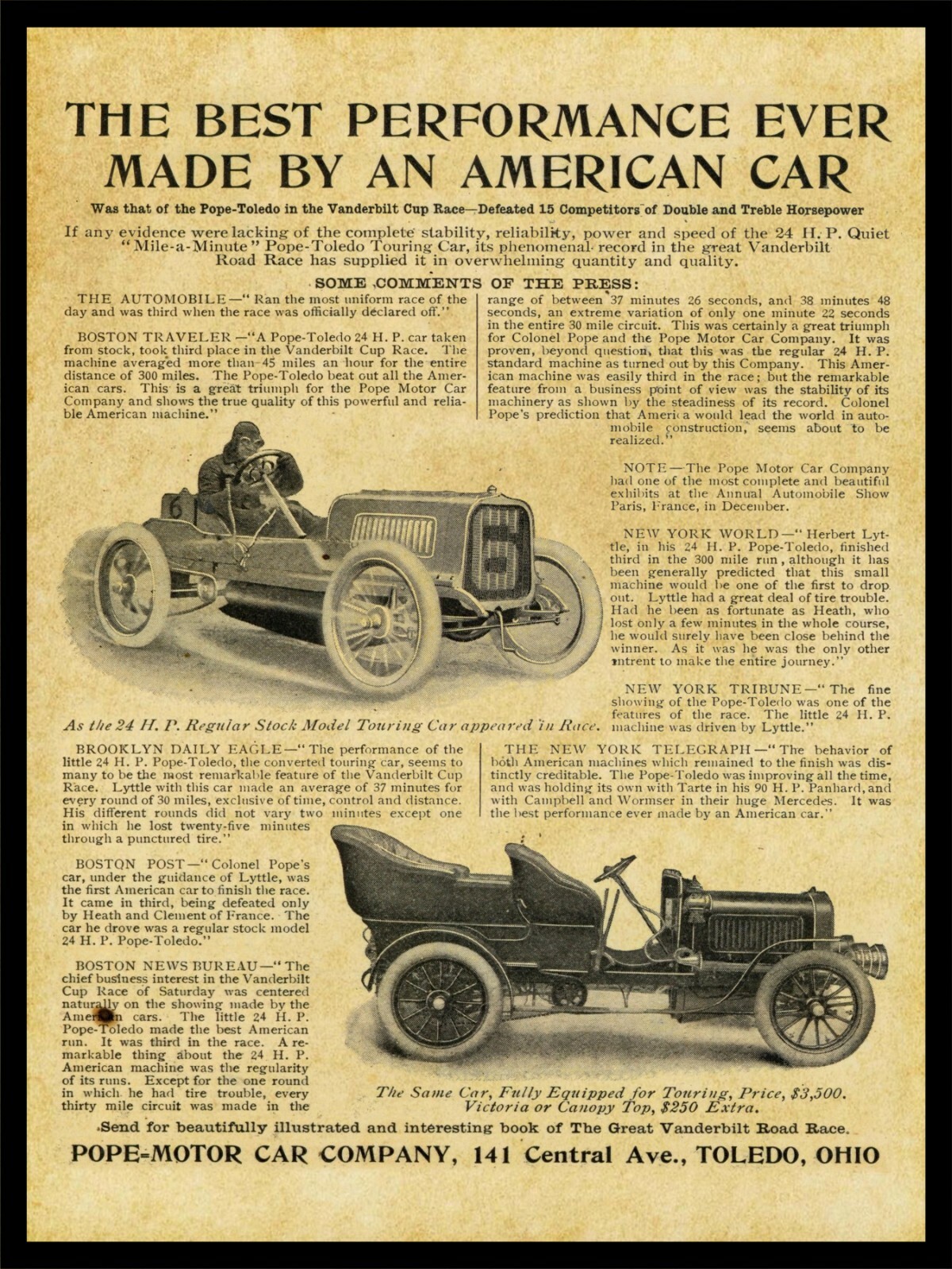 1905 Pope Toledo Motor Cars NEW Metal Sign 24\
