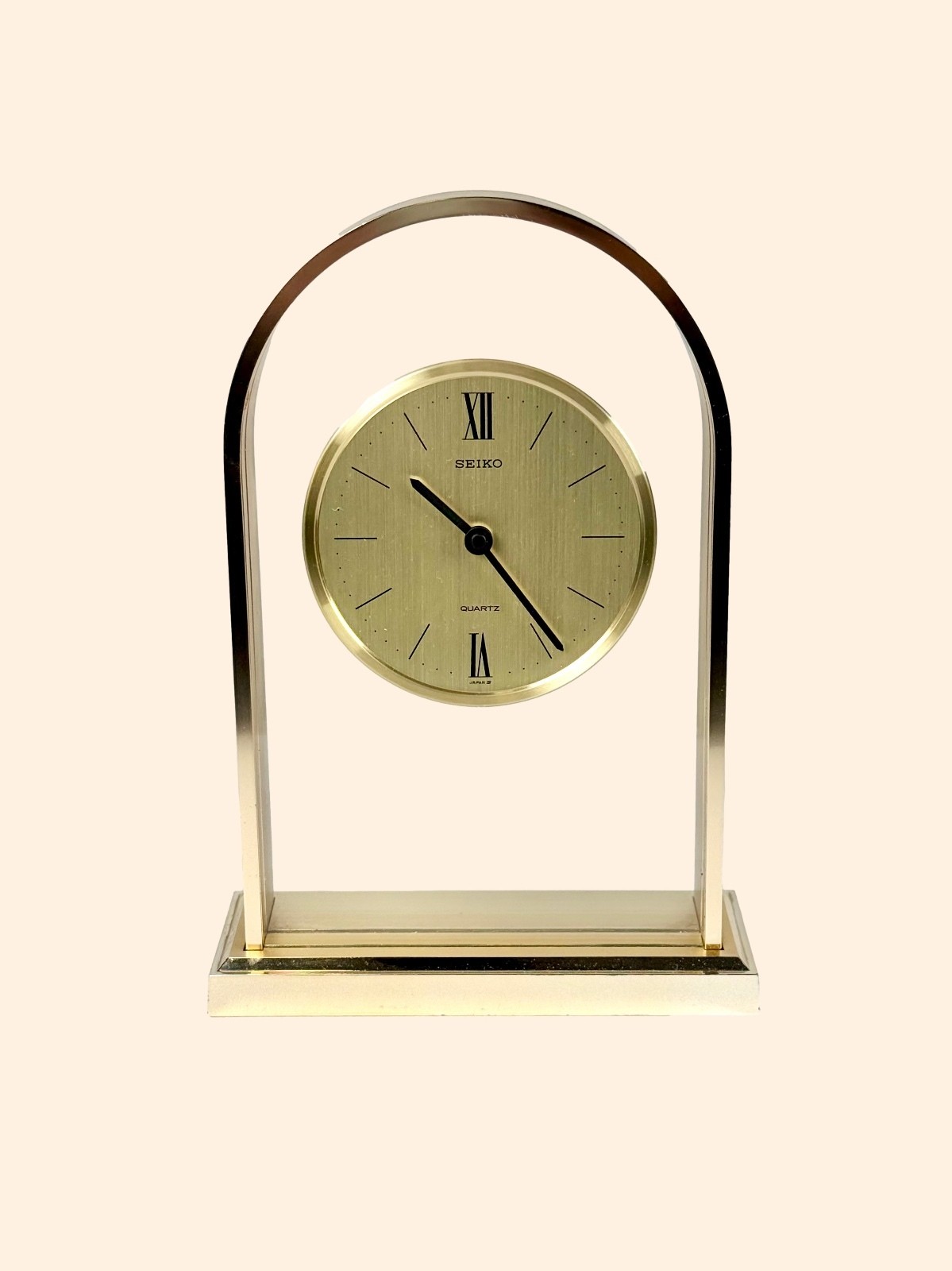Vintage 1970s Seiko Quartz Desk Mantel Clock Gold Tone Floating Glass MCM Japan