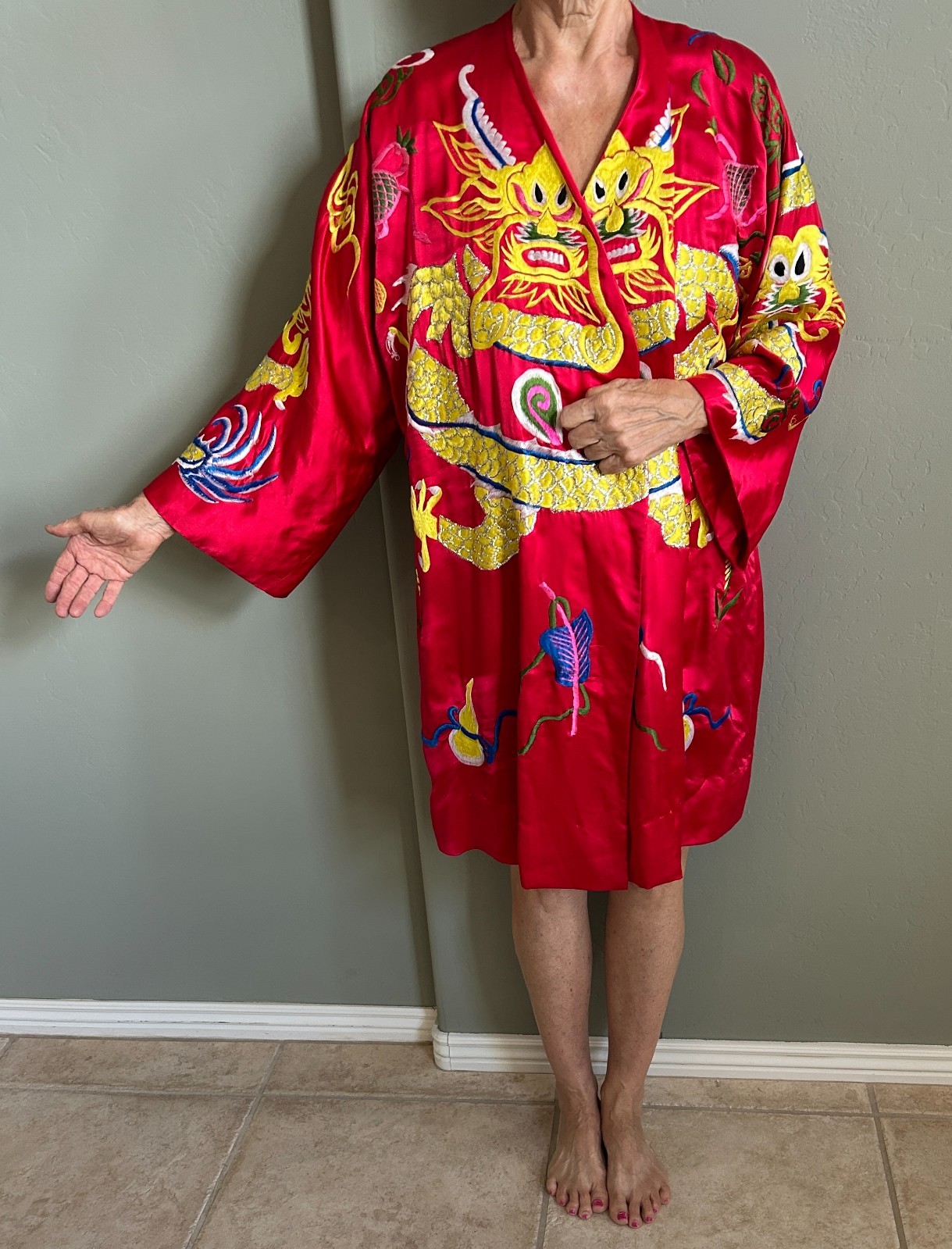 Vintage Chinese Silk Dragon Robe Handmade Lined Red Gold Kimono Coat 1970s