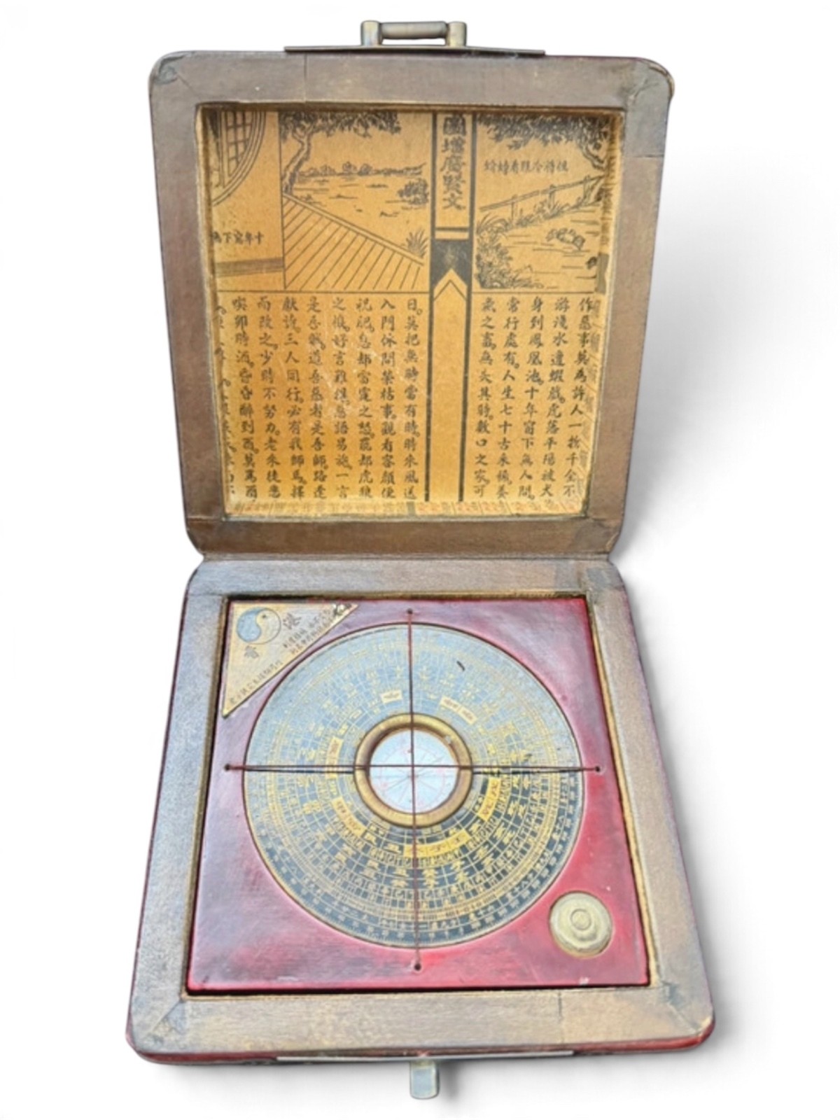 Vintage Chinese Feng Shui Luopan Compass Red Lacquer Wood Box 5.5\