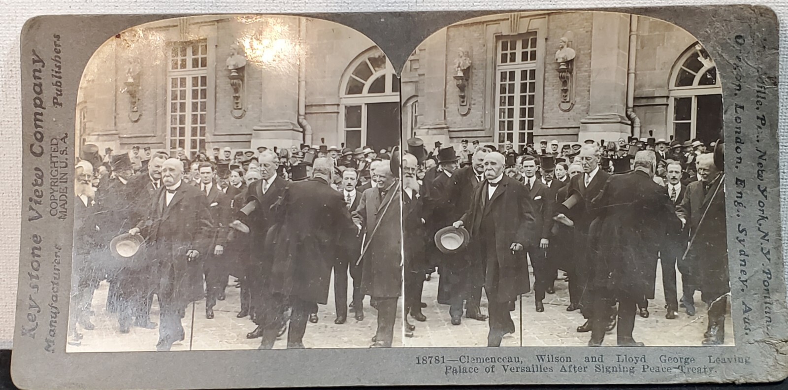 Stereoview Keystone View Co. Clemenceau Wilson Lloyd Leaving Versailles WWI 
