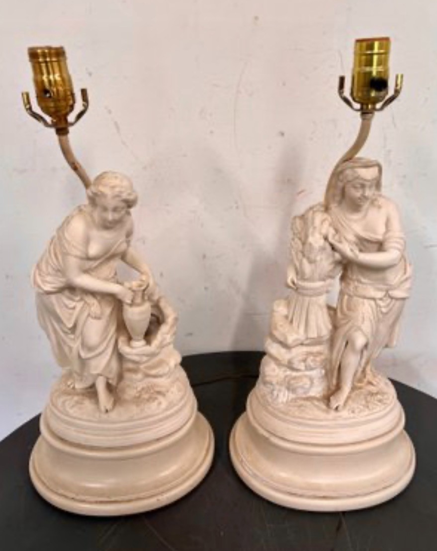 Pair Vintage Figural Table Lamps Neoclassical Maidens Water Jug & Wheat Working