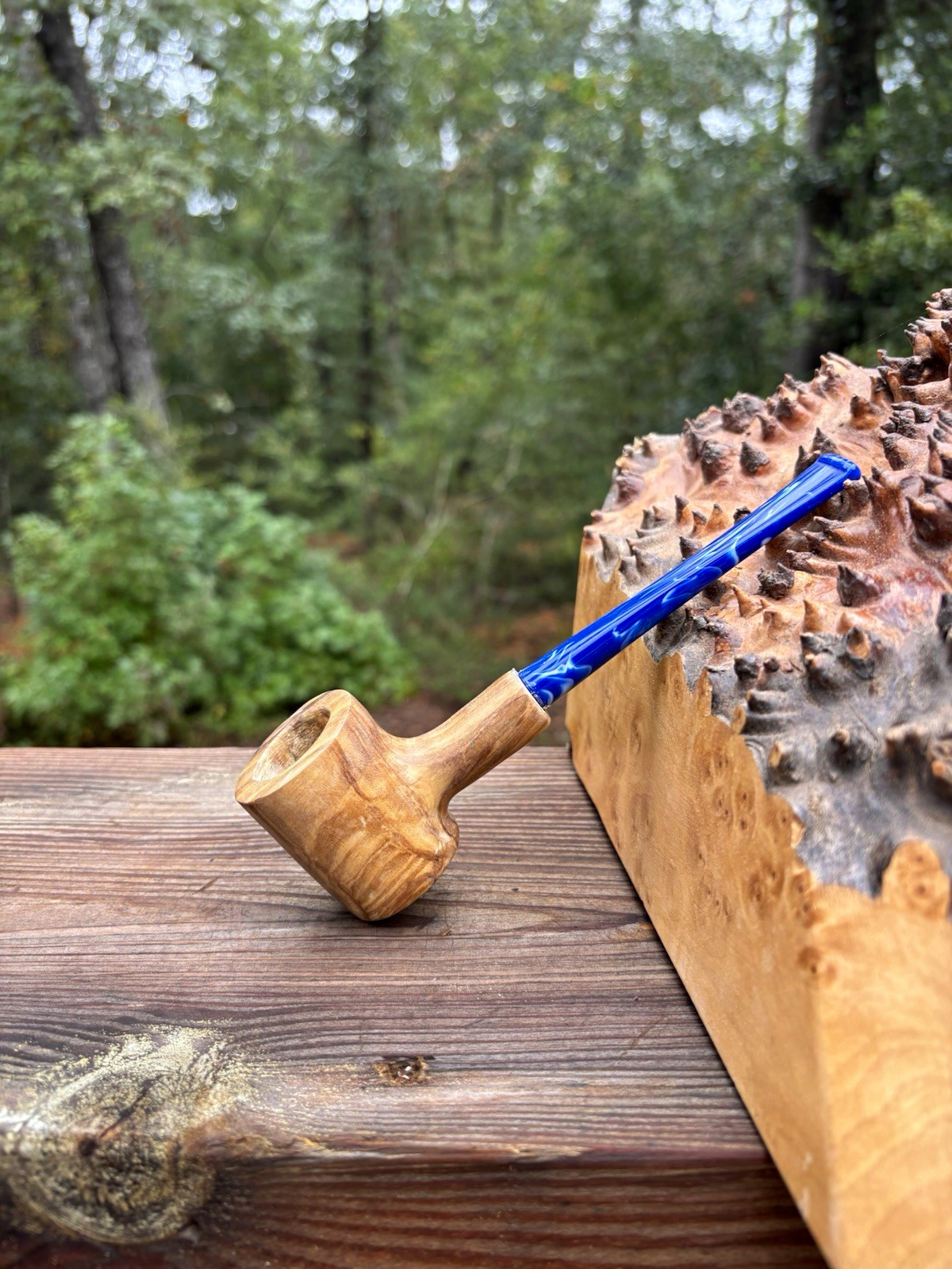 Olive wood Poker pipe with royal blue ripple straight stem.