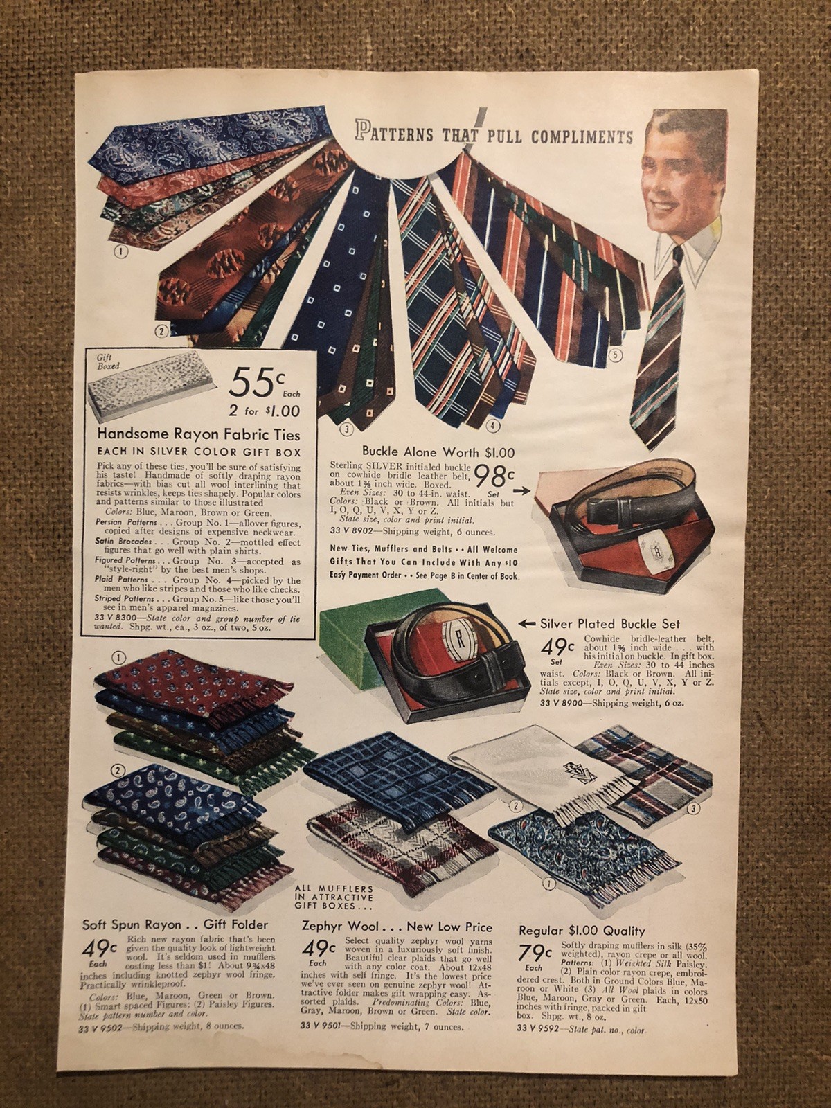 VTG RARE 1940’s Sears Catalog Page Ad Men Clothes Shirt & Tie 0C25