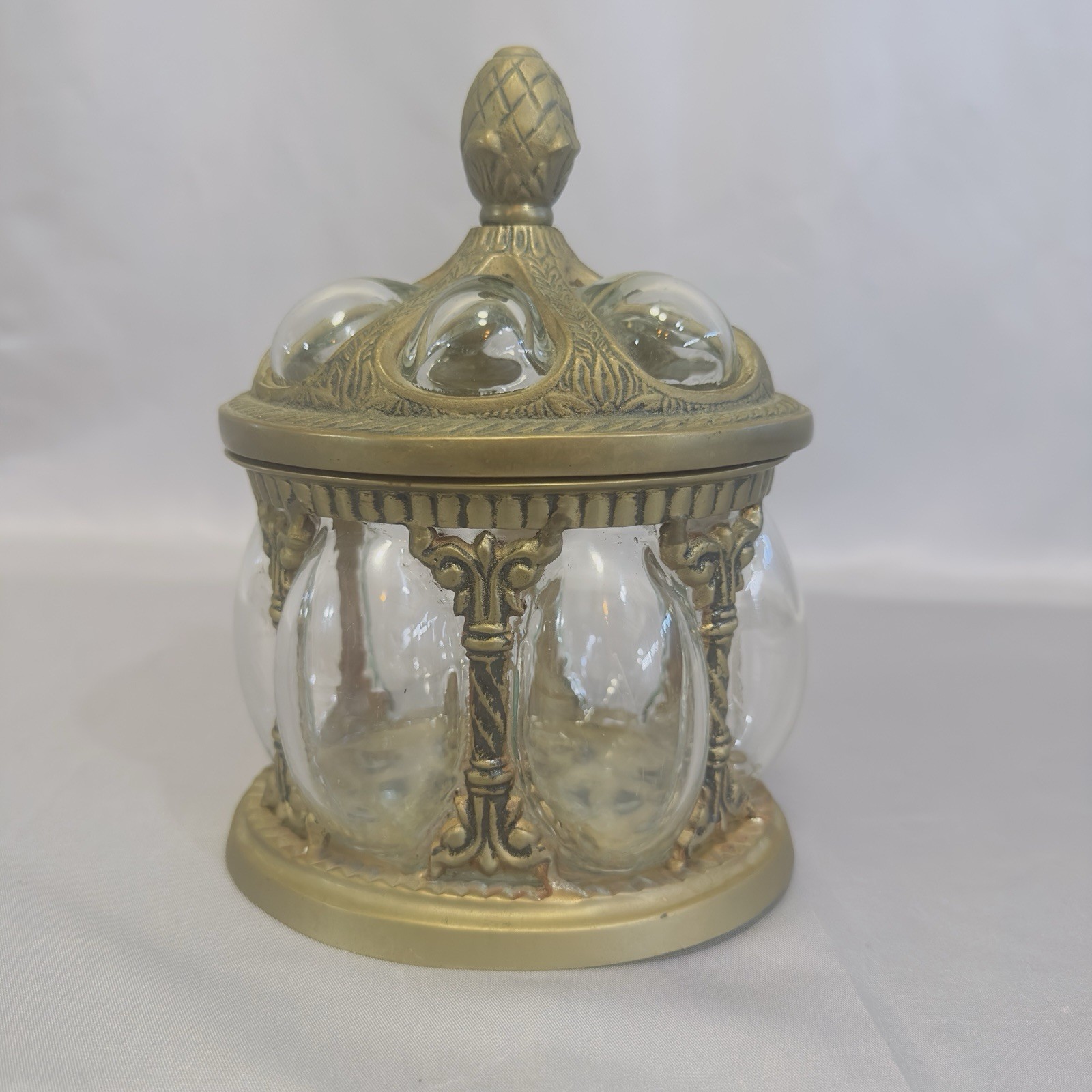 Vtg Solid Brass & Hand-Blown Bubble Glass Dome Caged Apothecary Jar 7.25