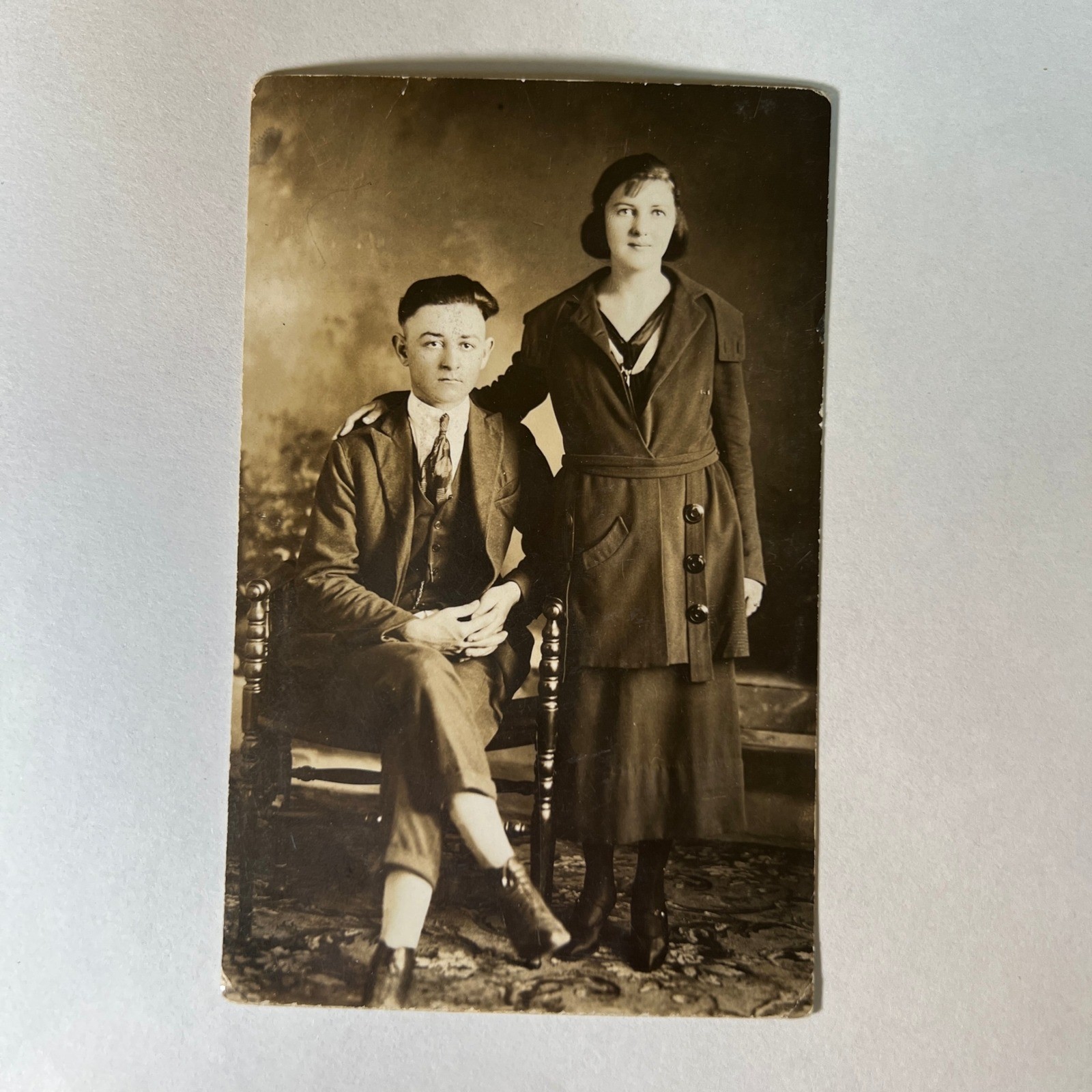 VTG 1920 Antique RPPC Real Photo Postcard Young Man Woman Siblings Flappers USA
