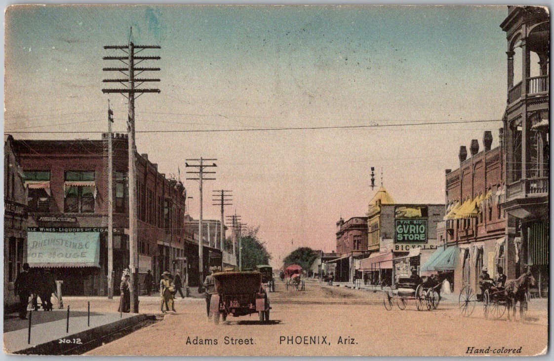 Antique 1911 Postcard Adams Street Phoenix Arizona Hand Colored Horse Buggy