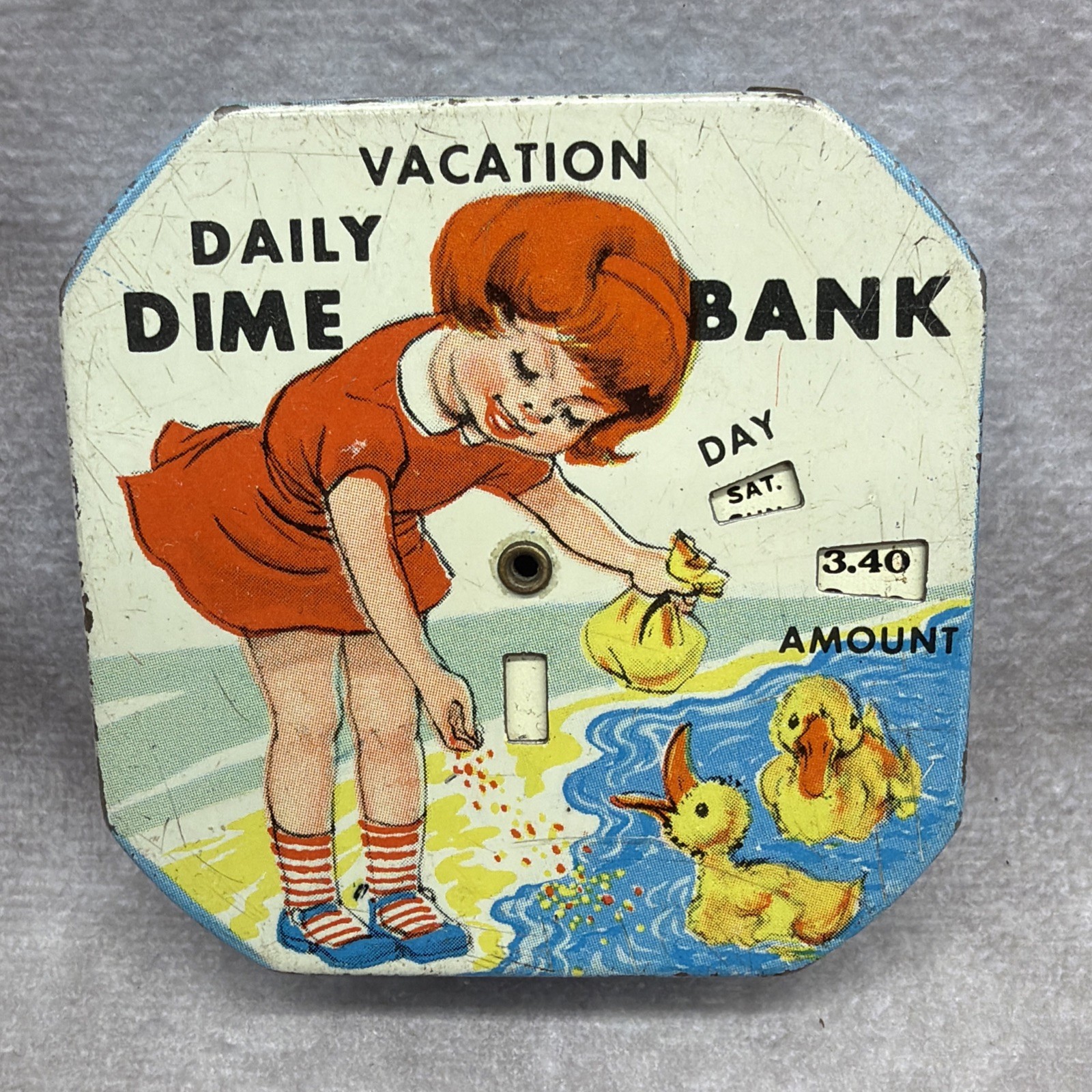 Vintage 1950s Kalon Daily Dime Bank Vacation Tin Litho Girl w Ducks Coin Savings