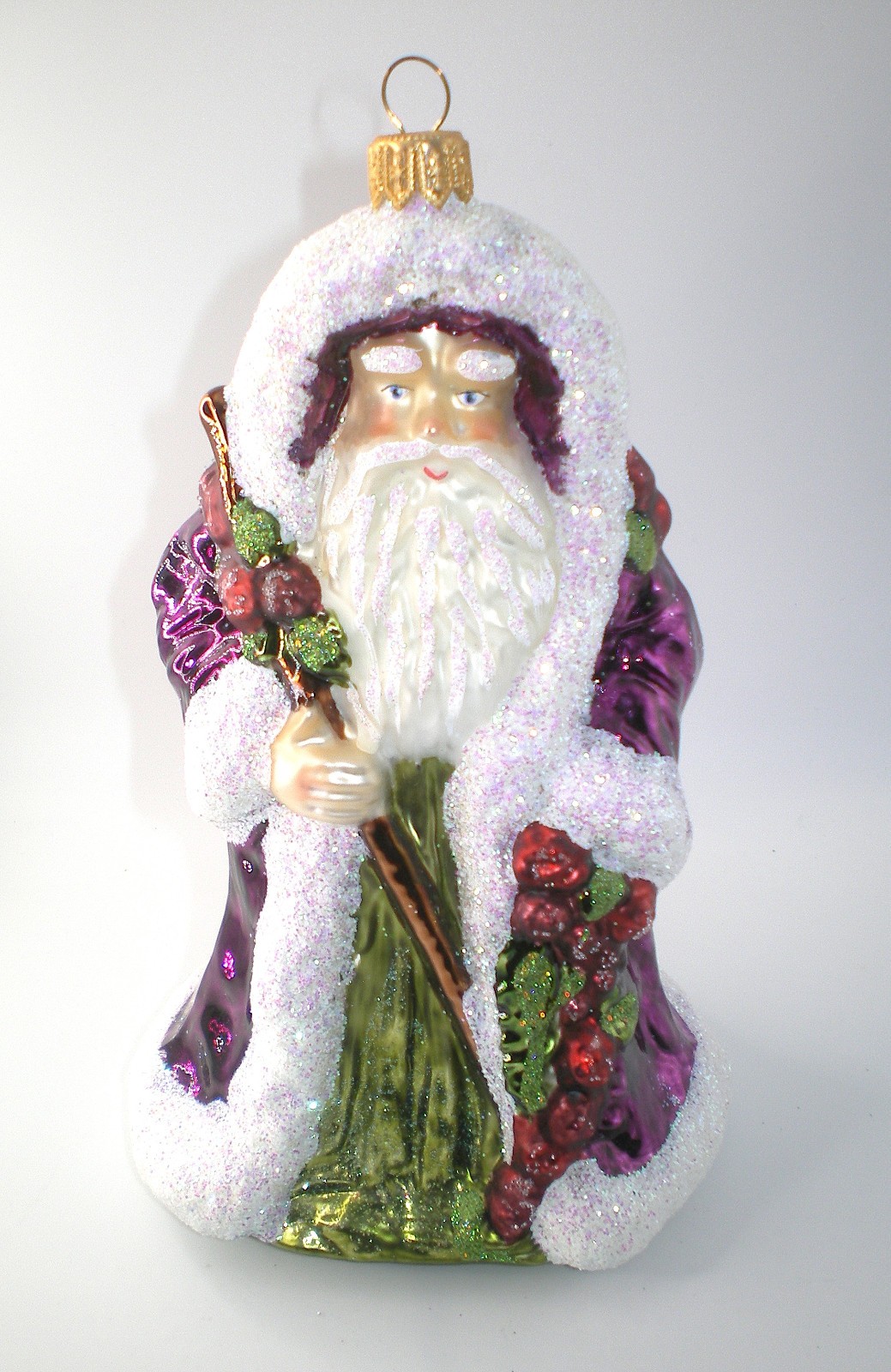 Vintage POLISH Purple Robed Santa * St Nick & Holly  Glass Christmas Ornament 7\