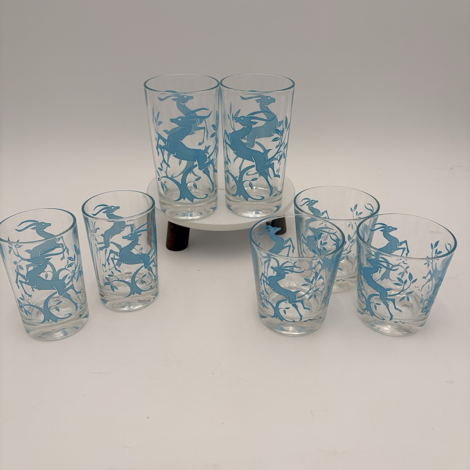 7 VTG 1960’s MCM Federal Glass High & Low Ball Juice Glass Blue Gazelle Tumblers