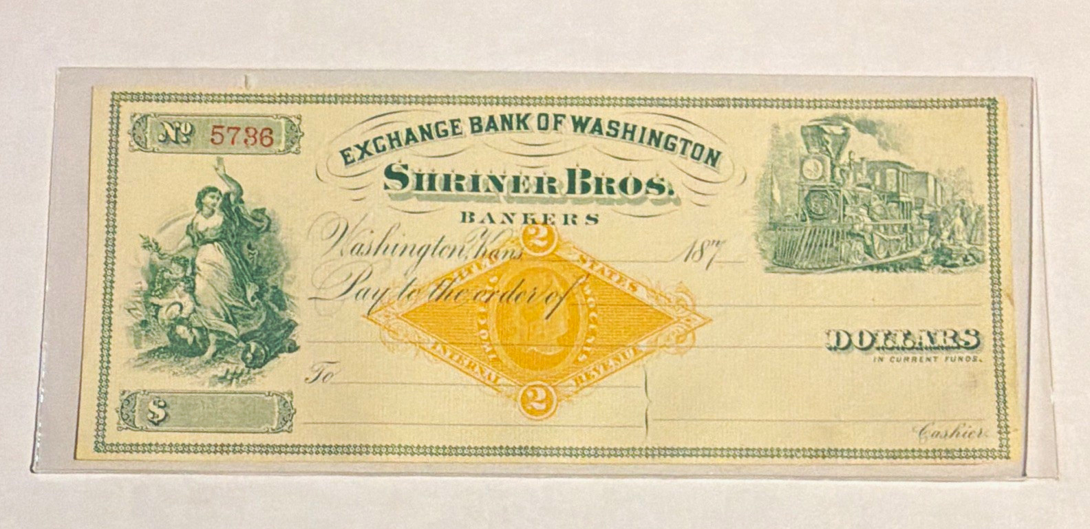 Exchange Bank of Washington Shriner Bros $5 Bank Draft, Washington DC
