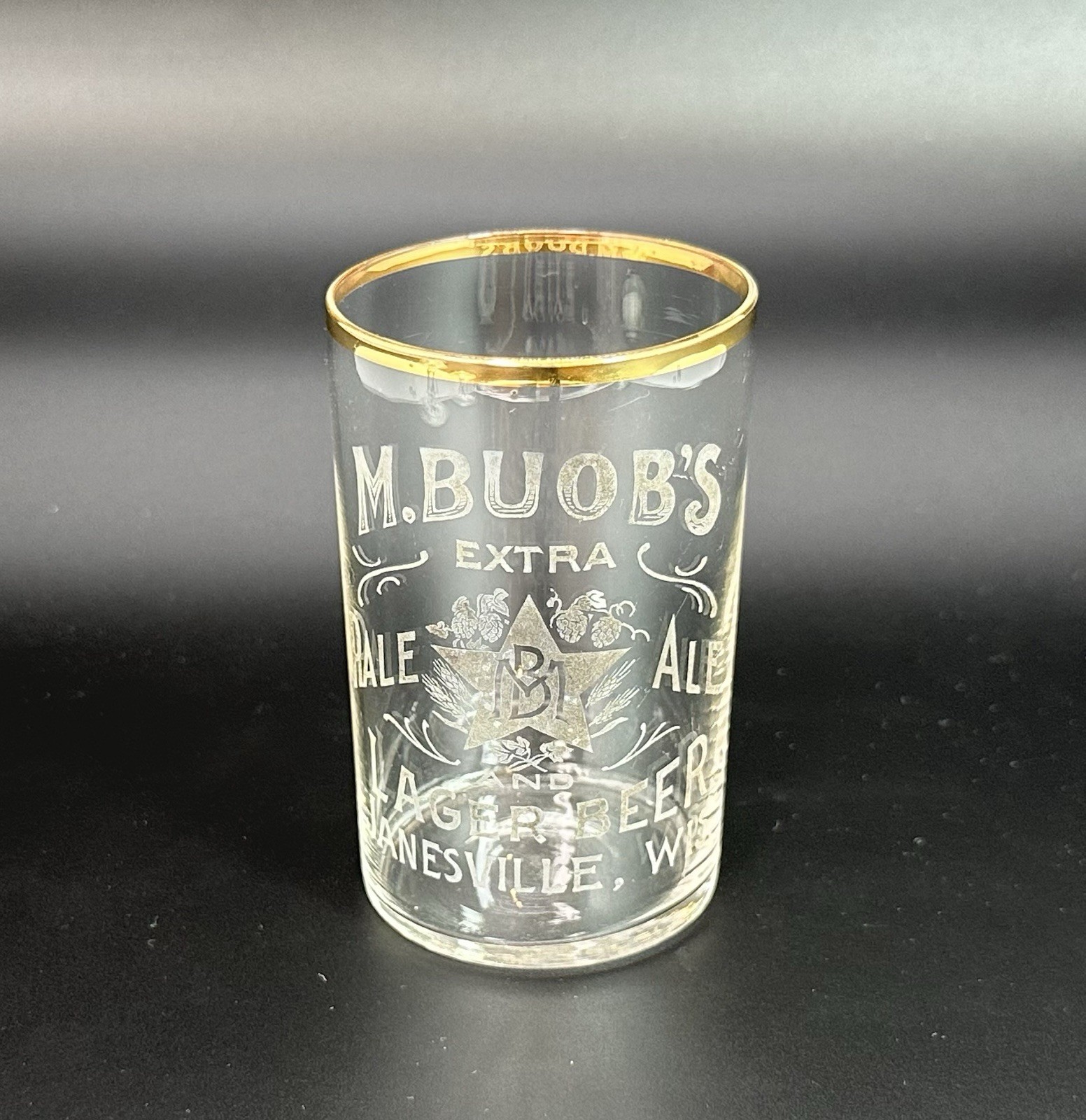 Pre-Pro Etched M Buob Beer Glass / c. 1904-1915 Janesville, WI / Man Cave Decor