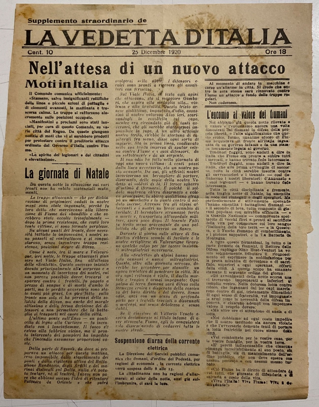 FIUME D’ANNUNZIO LA VEDETTA D’ITALIA EXTRAORDINARY SUPPLEMENT 20.12.1920