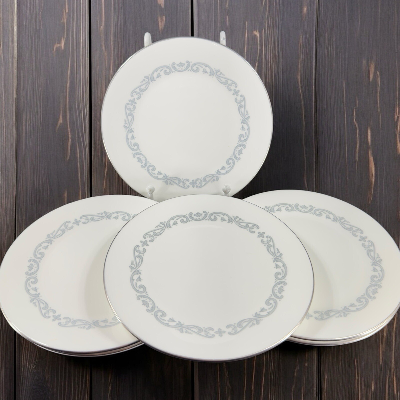 Minton Silver Scroll Pattern Round Porcelain Dish Plate Set 6 Made In England