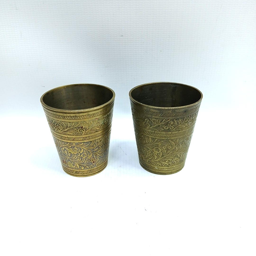 Vintage Brass Shot Glass Cup Vessel Lassi Handmade Etched India #557 Lot Of 2