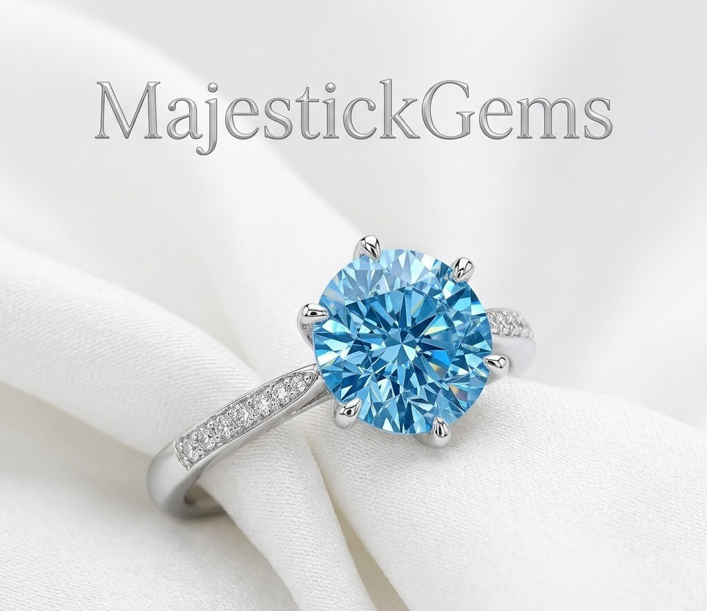 1 Ct Lab Grown Diamond Ring Sterling Silver Blue Round Cut VVS1 Certified