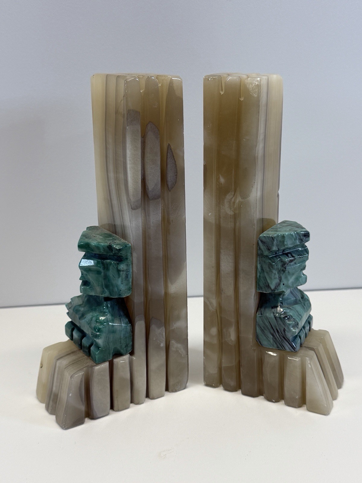1 Pair Vintage Carved Aztec Mayan Tiki Stone Bookends Onyx 8” RARE