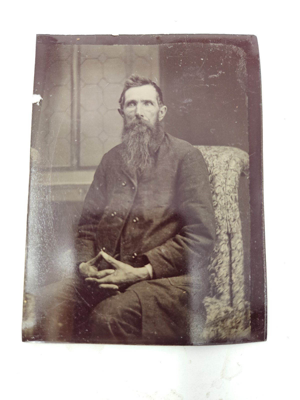 Antique American PHOTO TINTYPE Man With Steepled Fingers Secret Gesture