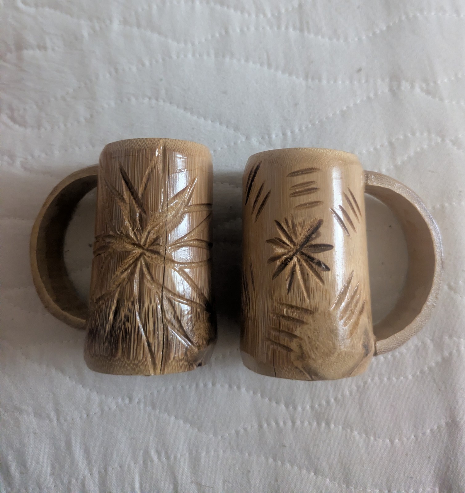 2 Vintage Bamboo Shot Cups Tiki Bar Hand Carved Bamboo Jamaica Starburst 70s 