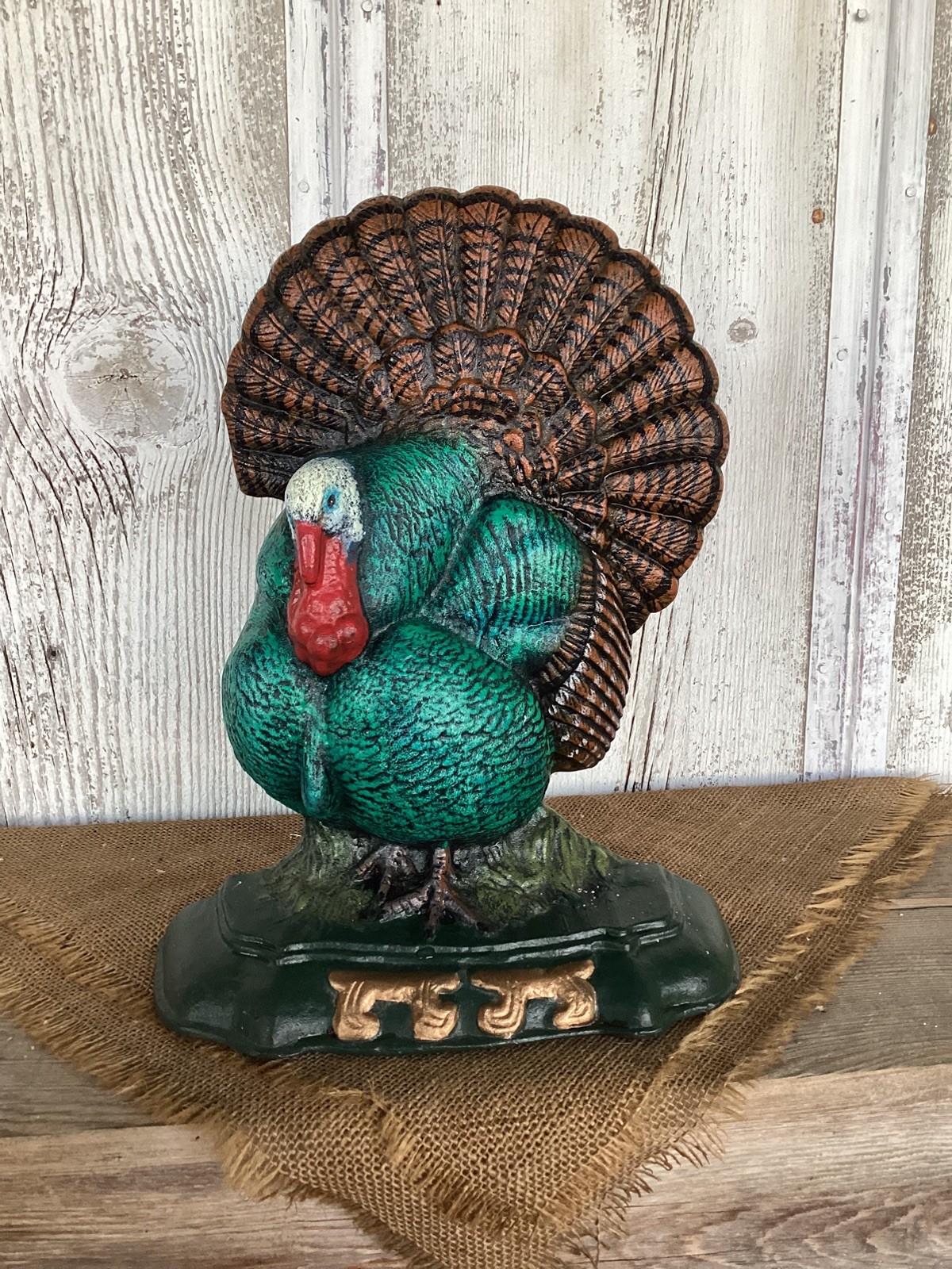 Vintage Cast Iron Painted Turkey Strut Door Stop Thanksgiving Fall 13\