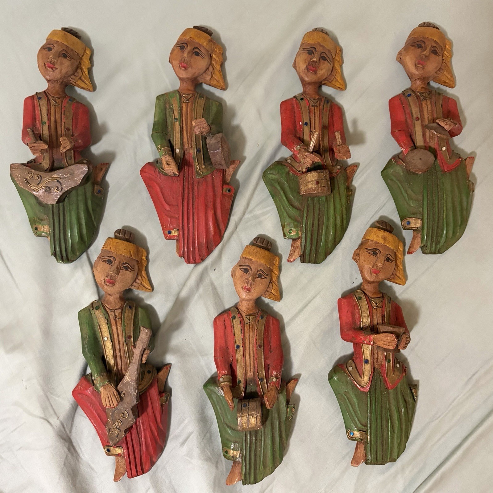 7 VTG Hand Carved Painted Wood Burmese Musicians Wall Hangings Figures MCM Retro