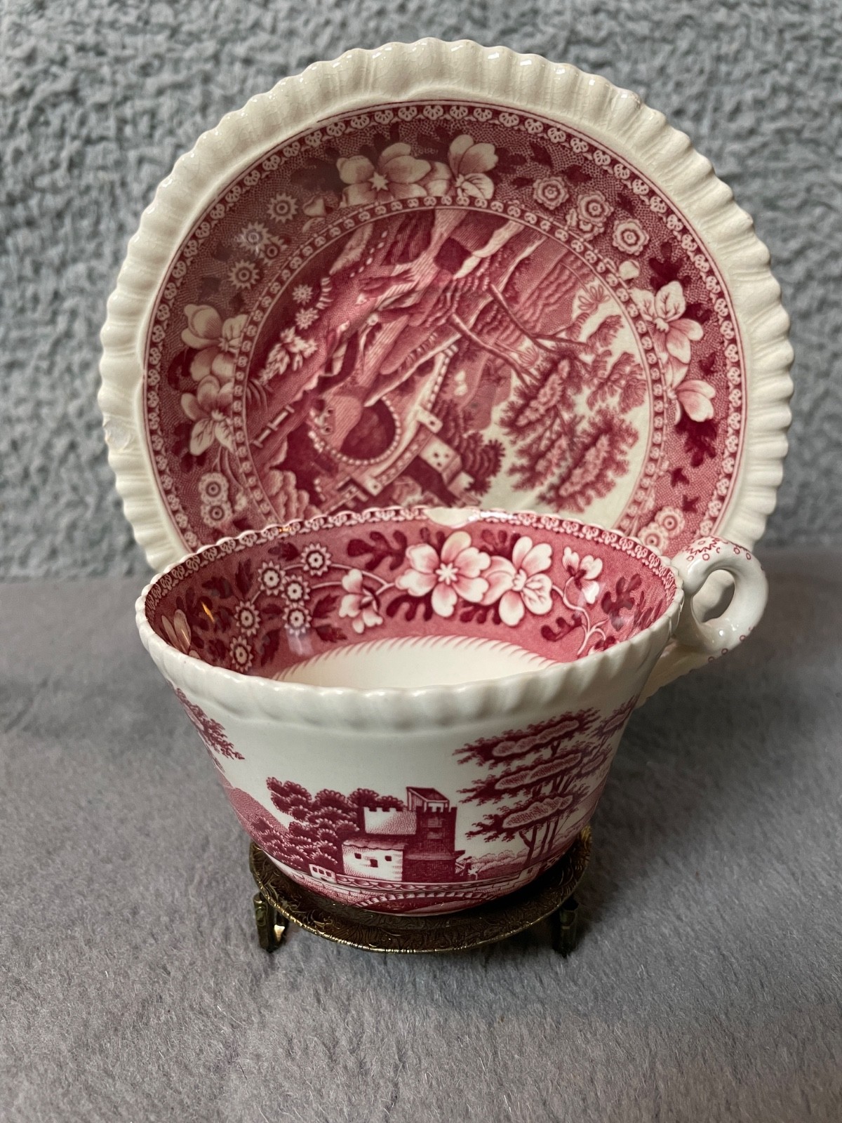 Vintage Copeland Spode’s Tower Teacup Saucer Red Transferware England Bone