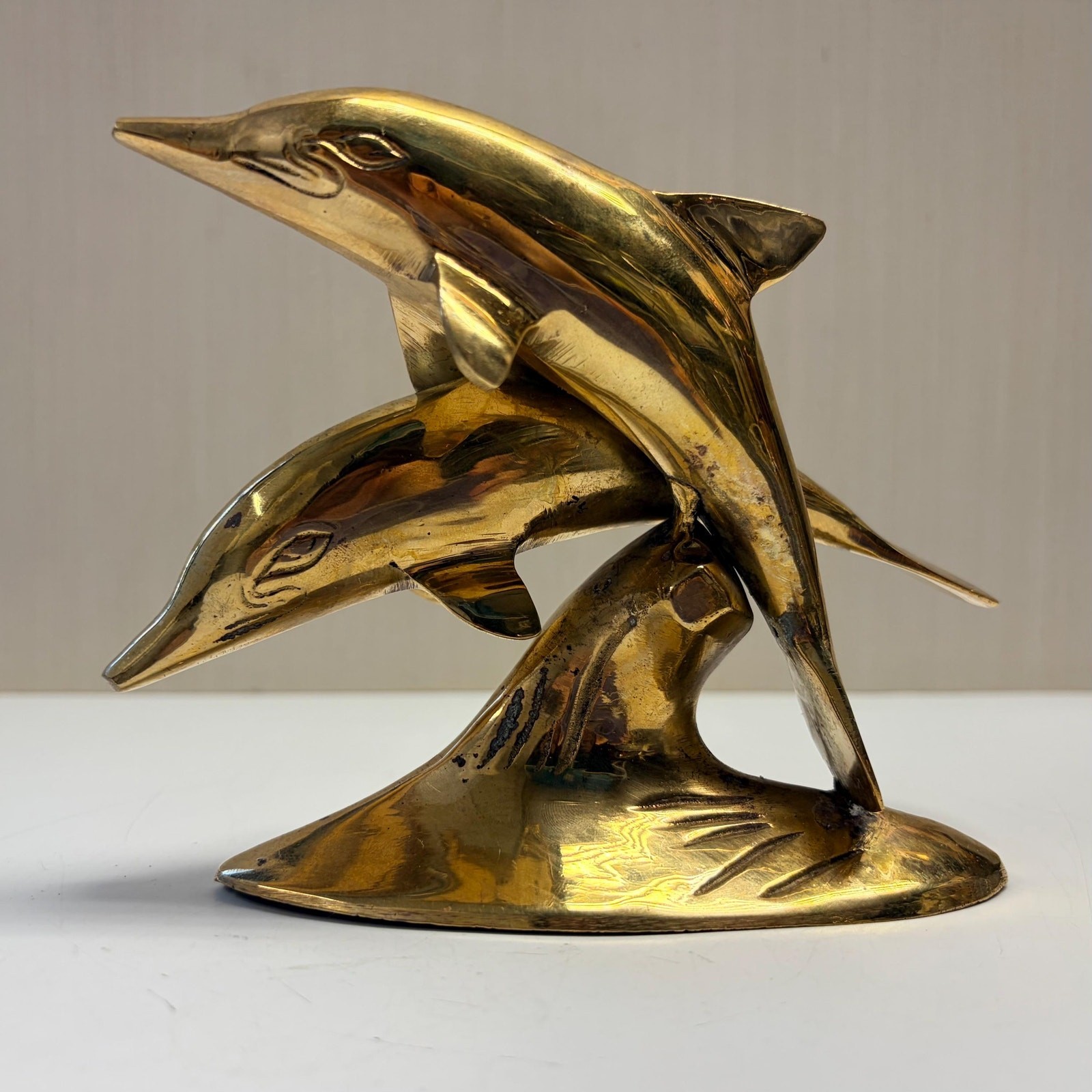 Vintage MCM Solid Brass Swimming Dolphins Sculpture Figurine