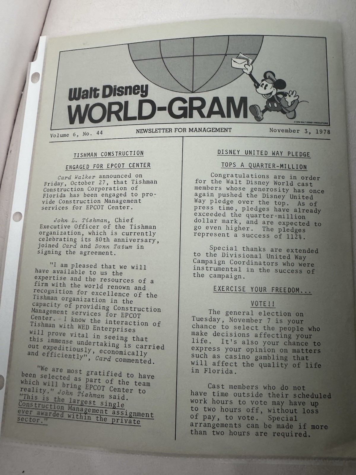 WALT DISNEY WORLD-GRAM Nov 3-1978 Vol 6 No 44