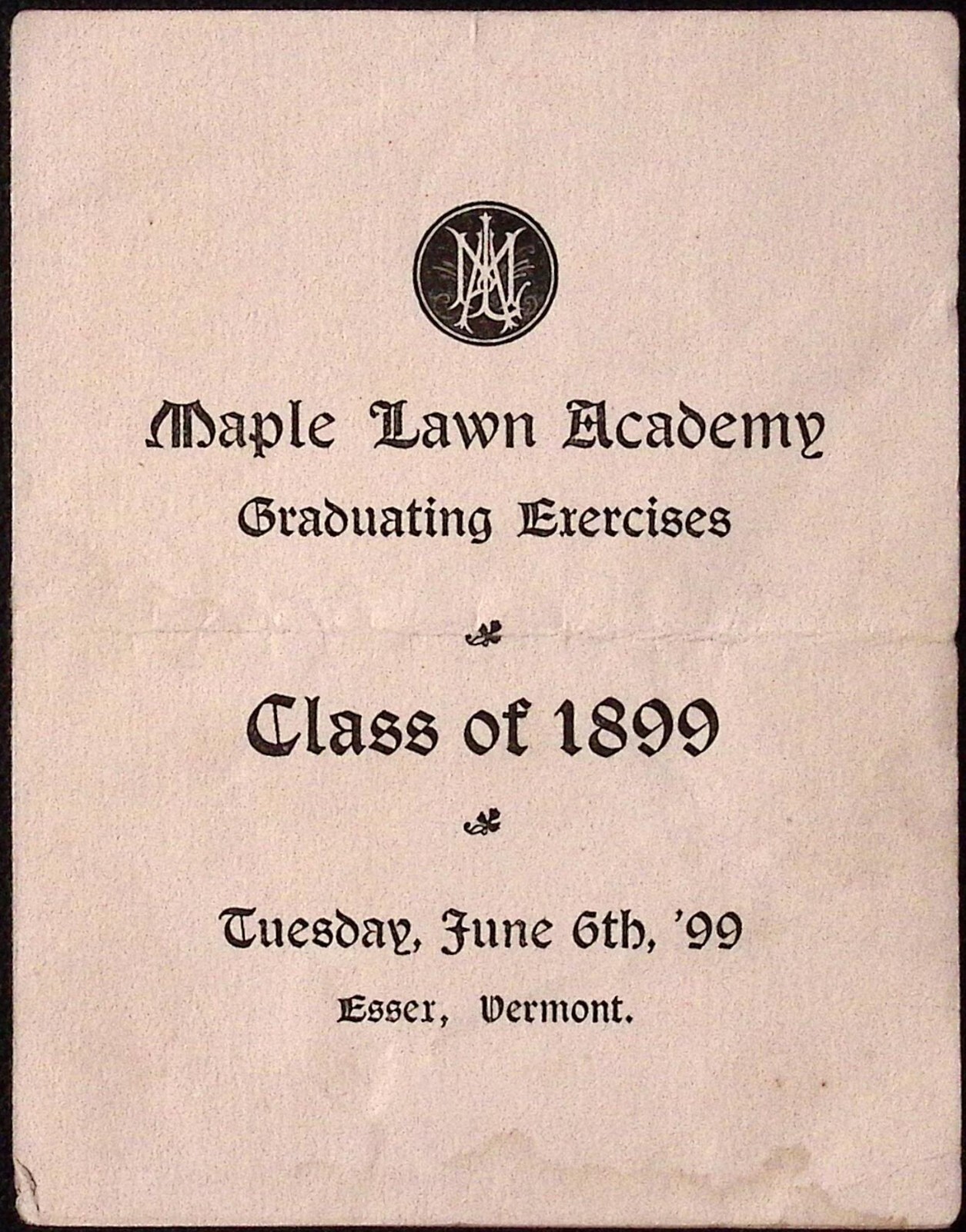 1899 Maple Lawn Academy Graduating Exercises Esser VT Program