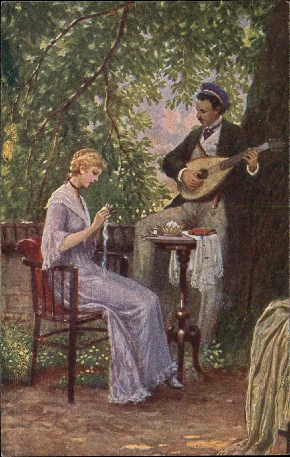 C BENESCH Man Serenades Beautiful Woman LUTE MANDOLIN Antique Postcard