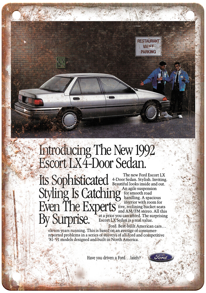 Vintage 1992 Ford Escort LX Sedan Ad Retro Look Metal Sign A9286