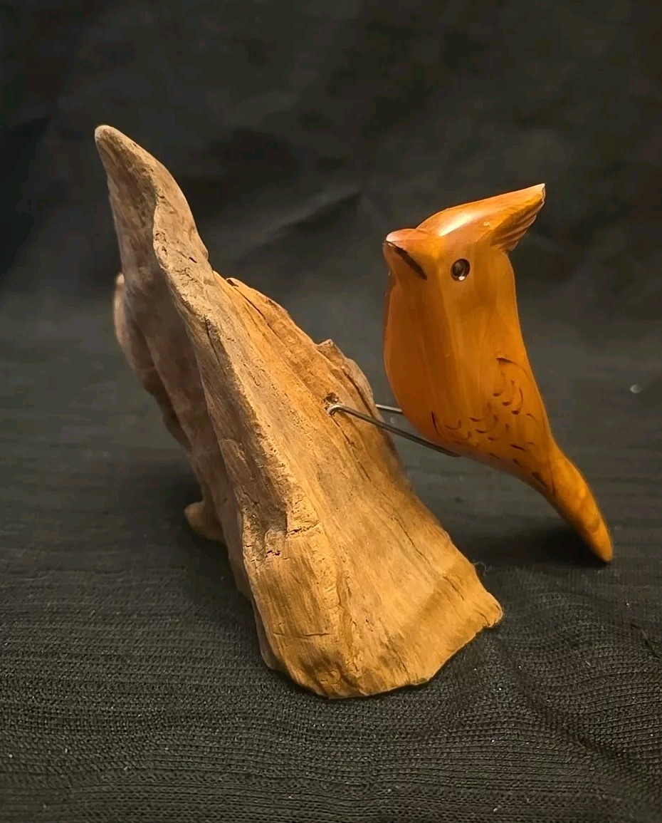 Wooden Hand Carved Wren on Driftwood Signed Randy Whaley 2005