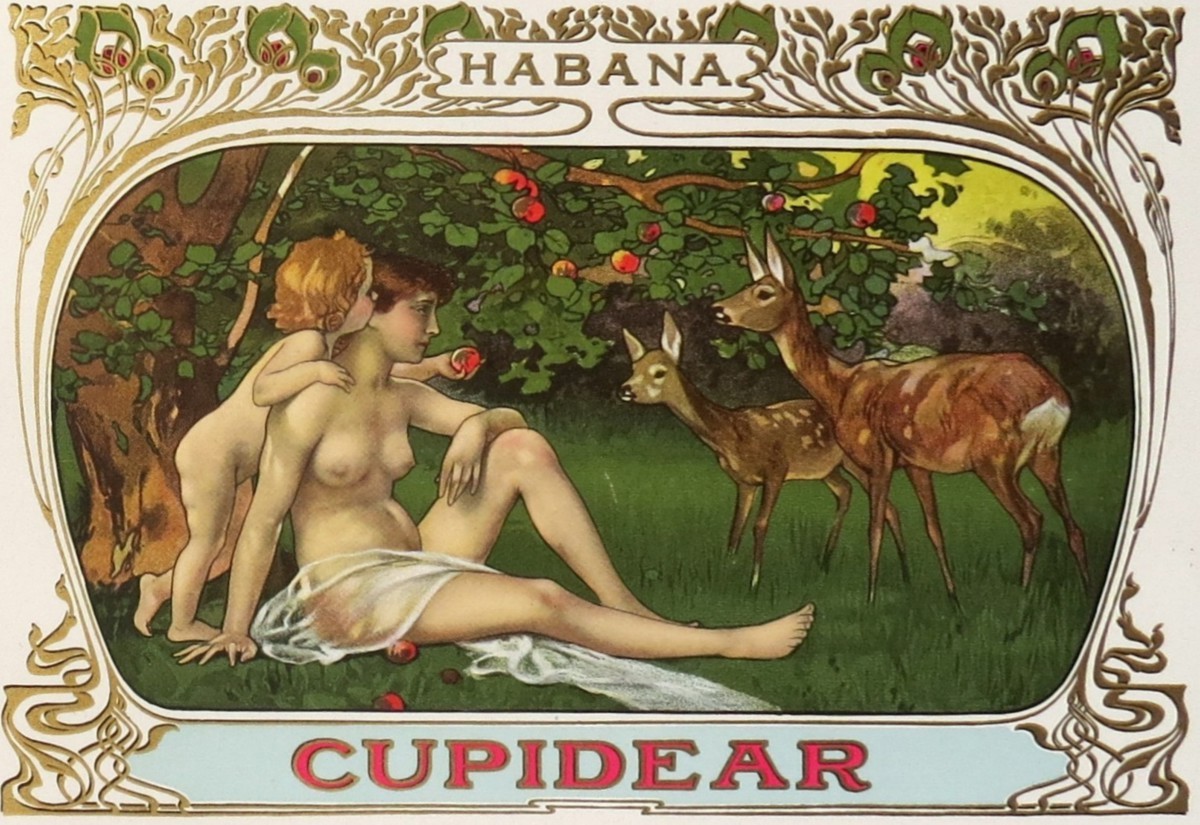 RARE ANTIQUE 1914 HABANA CIGAR CUPIDEAR ART NOUVEAU NUDE CIGAR BOX LABEL PRINT