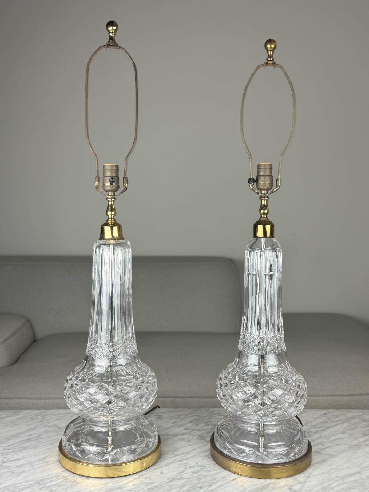 Pair Vintage WATERFORD CRYSTAL Large Scale 35” Table Lamp Brass Signed 1950s