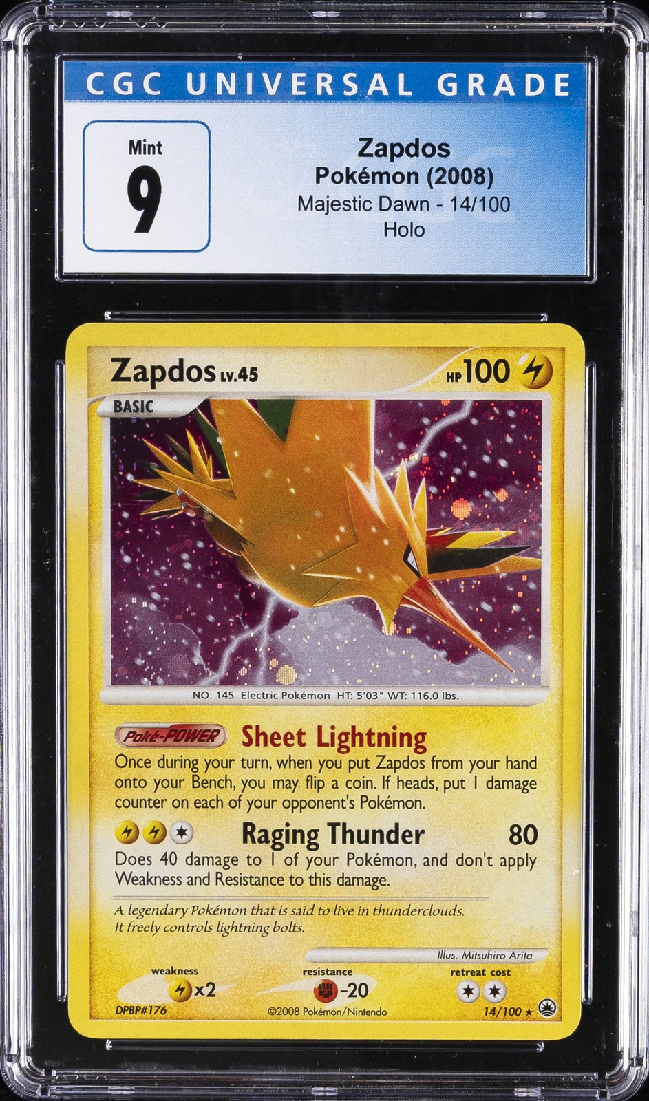 2008 POKÉMON MAJESTIC DAWN HOLO #14/100 ZAPDOS CGC 9