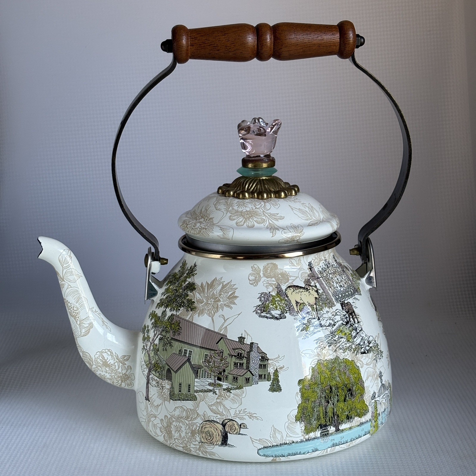 MacKenzie Childs Aurora Farm 2 Qt Enamel Tea Kettle Retired Rare Preowned USED 