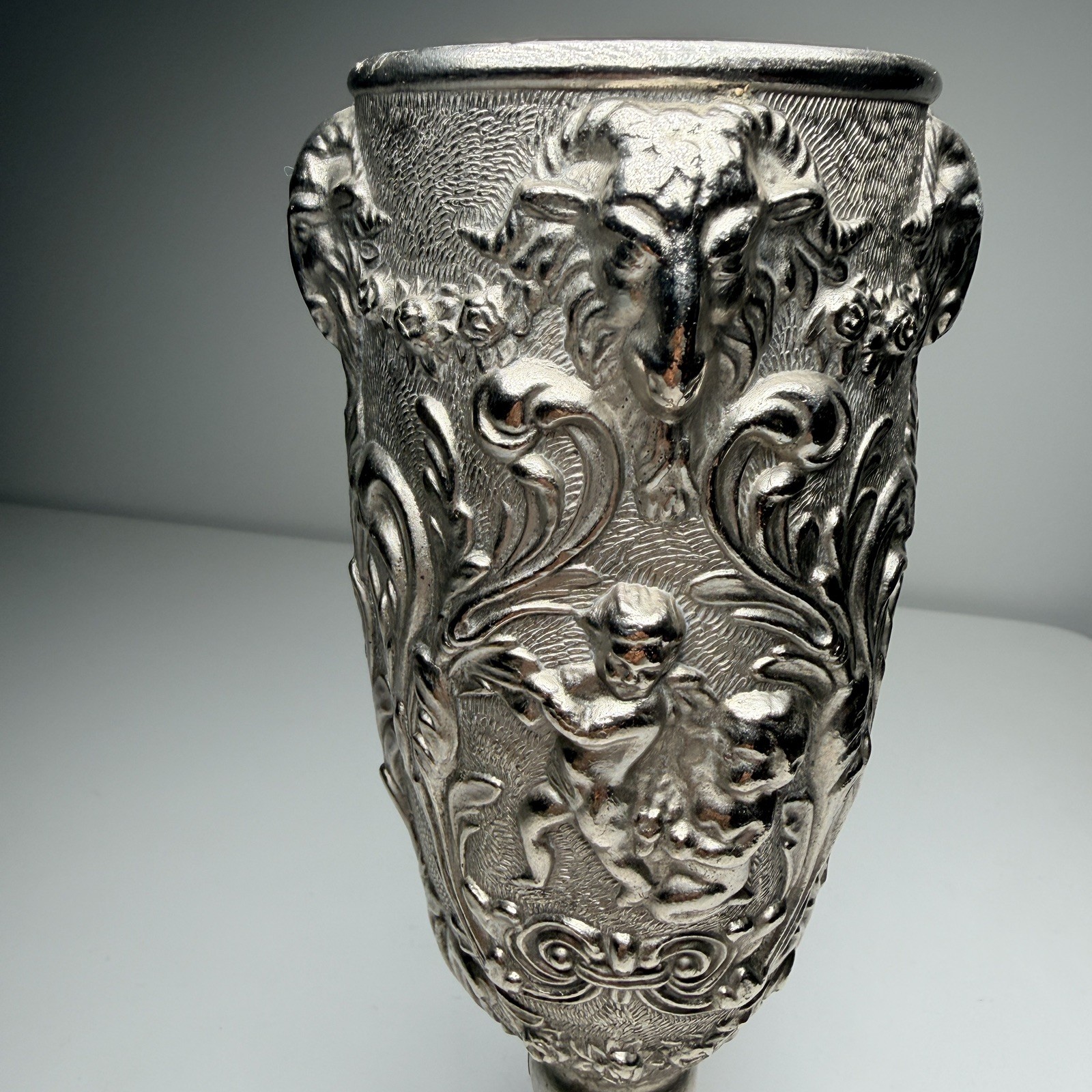 Ornate Vintage Baroque Goblet Cherub Ram Head Relief Cast Metal Decorative
